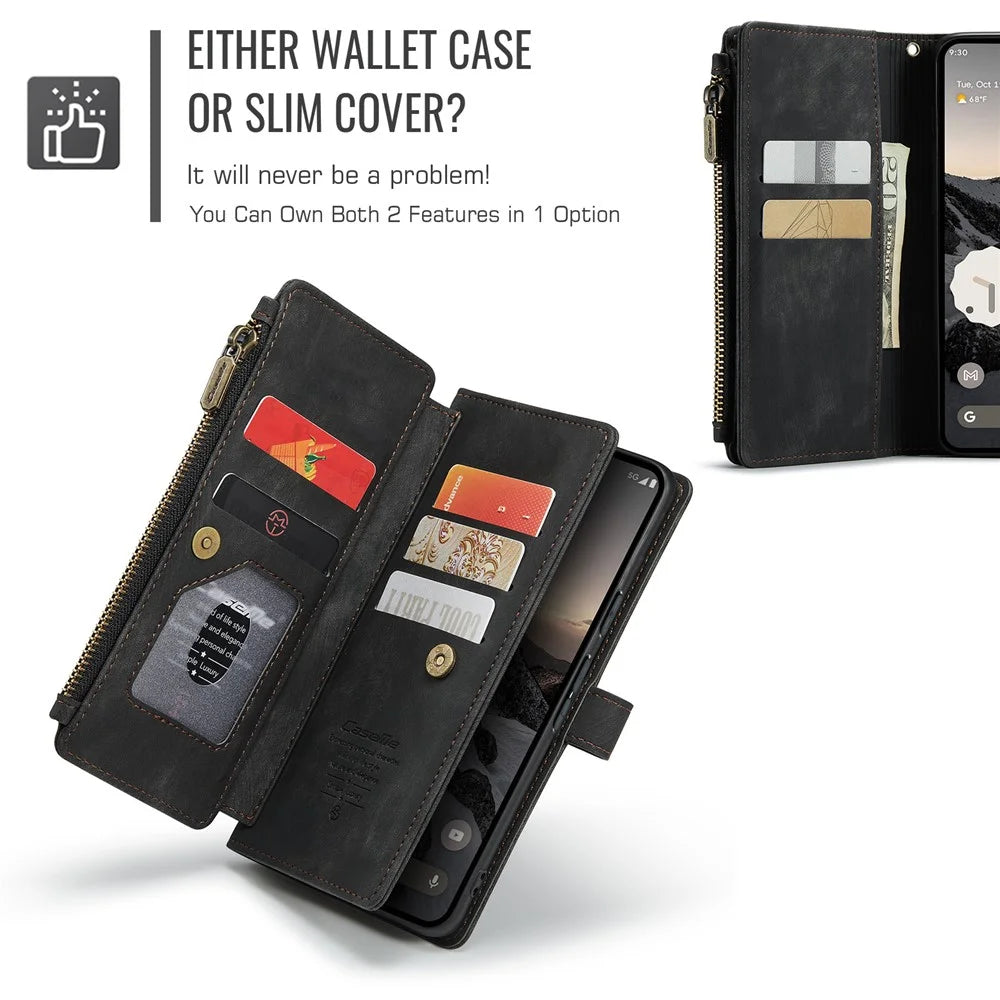 For Google Pixel 10 Pro / 10 / 9 Pro / 9 Phone Cases with Strap CASEME C30 Zipper Multiple Card Holder PU Leather Cover - Black - 5