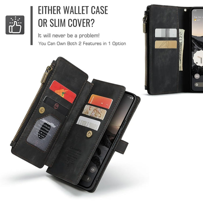 For Google Pixel 10 Pro / 10 / 9 Pro / 9 Phone Cases with Strap CASEME C30 Zipper Multiple Card Holder PU Leather Cover - Black - 5