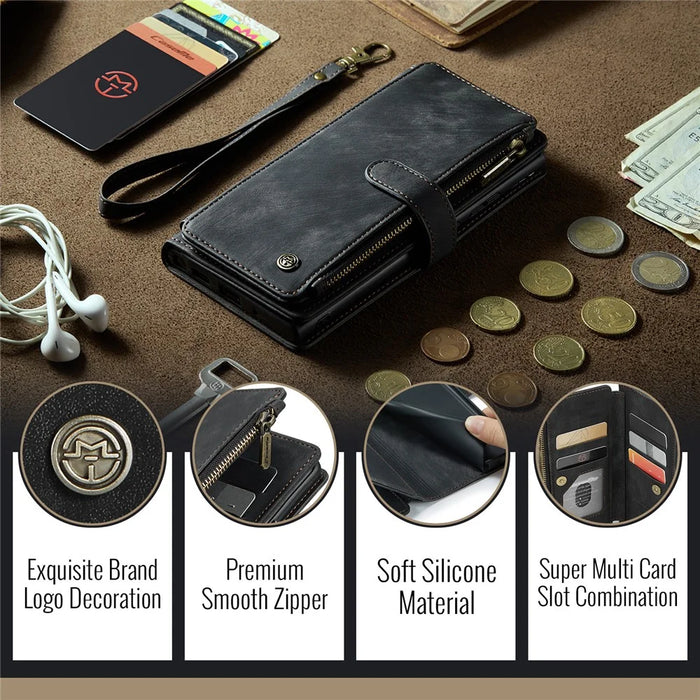 For Google Pixel 10 Pro / 10 / 9 Pro / 9 Phone Cases with Strap CASEME C30 Zipper Multiple Card Holder PU Leather Cover - Black - 6