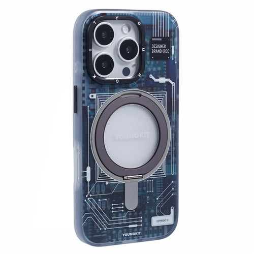 YOUNGKIT Technology Series for iPhone 16 Pro Max Case Magnetic Kickstand IMD PC+TPU Phone Cover - Grey - 1