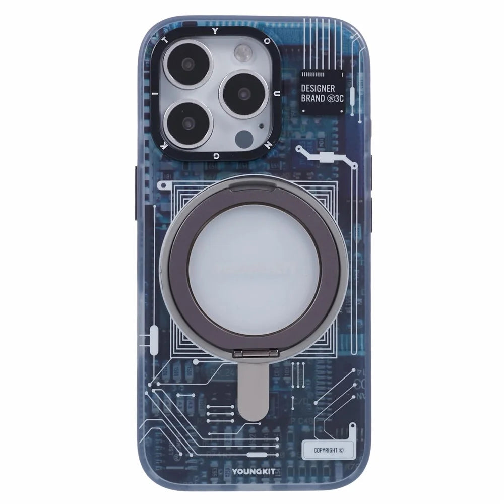 YOUNGKIT Technology Series for iPhone 16 Pro Max Case Magnetic Kickstand IMD PC+TPU Phone Cover - Grey - 3