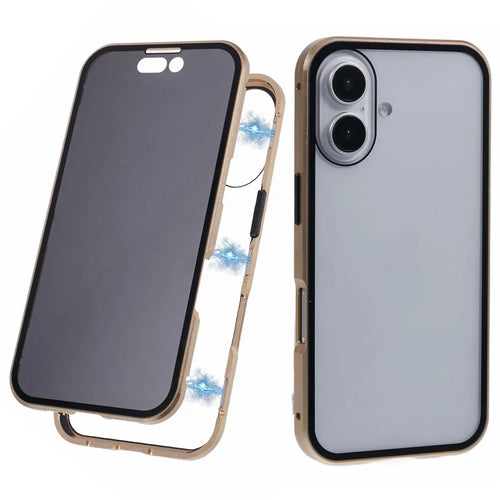 For iPhone 16 Anti-Spy Case Magnetic Metal Frame + Double-Sided Tempered Glass Phone Cover - Gold - 1