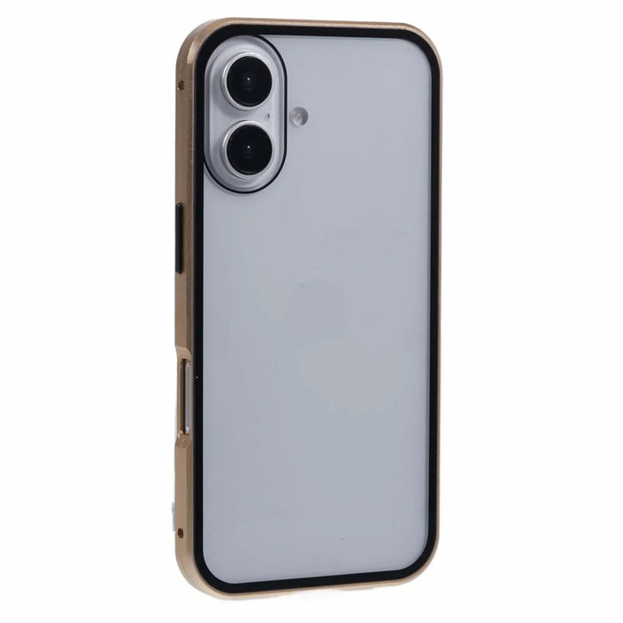 For iPhone 16 Anti-Spy Case Magnetic Metal Frame + Double-Sided Tempered Glass Phone Cover - Gold - 4