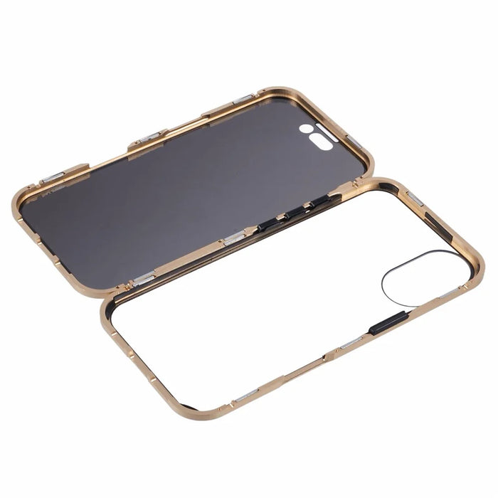 For iPhone 16 Anti-Spy Case Magnetic Metal Frame + Double-Sided Tempered Glass Phone Cover - Gold - 5