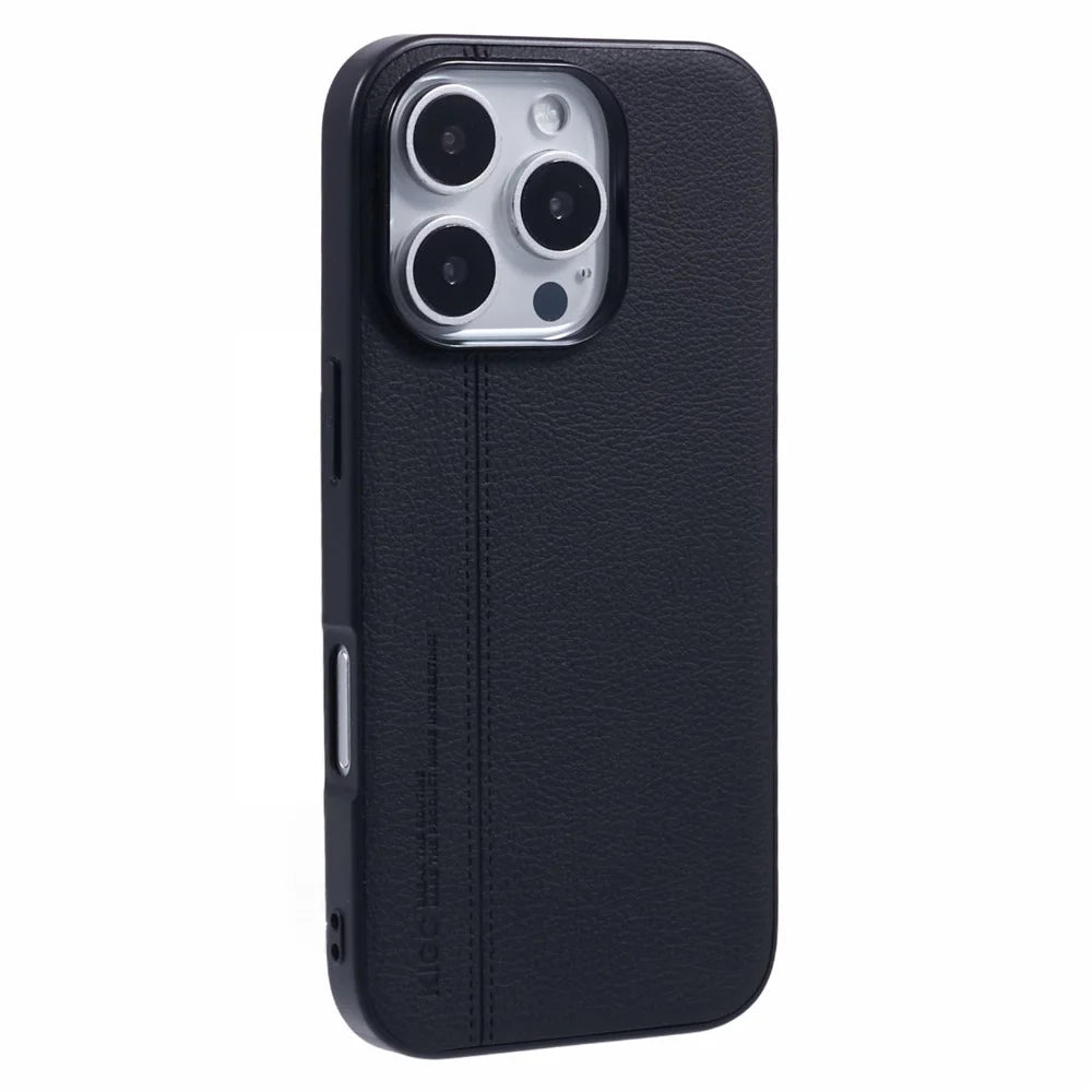KIGC For iPhone 15 Pro Case Litchi Texture Leather Coated PC+TPU Phone Cover - Black - 1