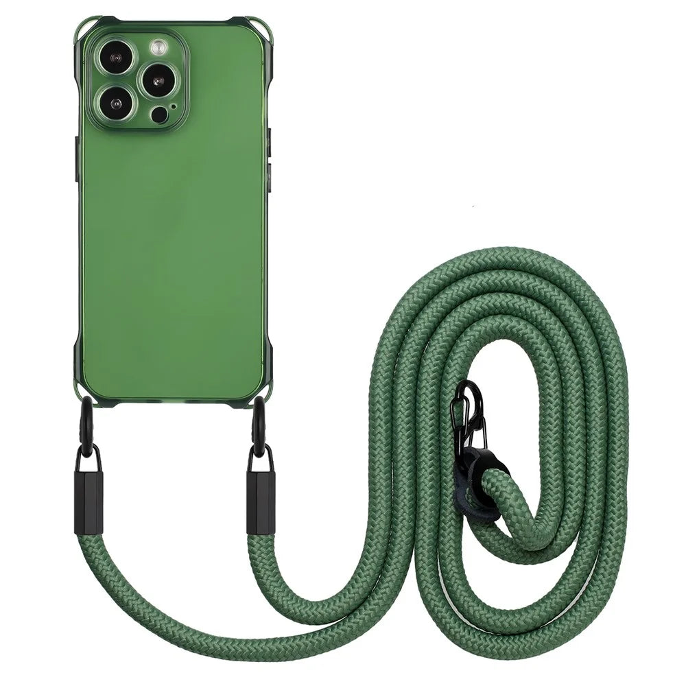 For iPhone 16 Pro Max TPU Case Four Corner Drop-Proof Back Cover with Long Strap - Army Green - 1
