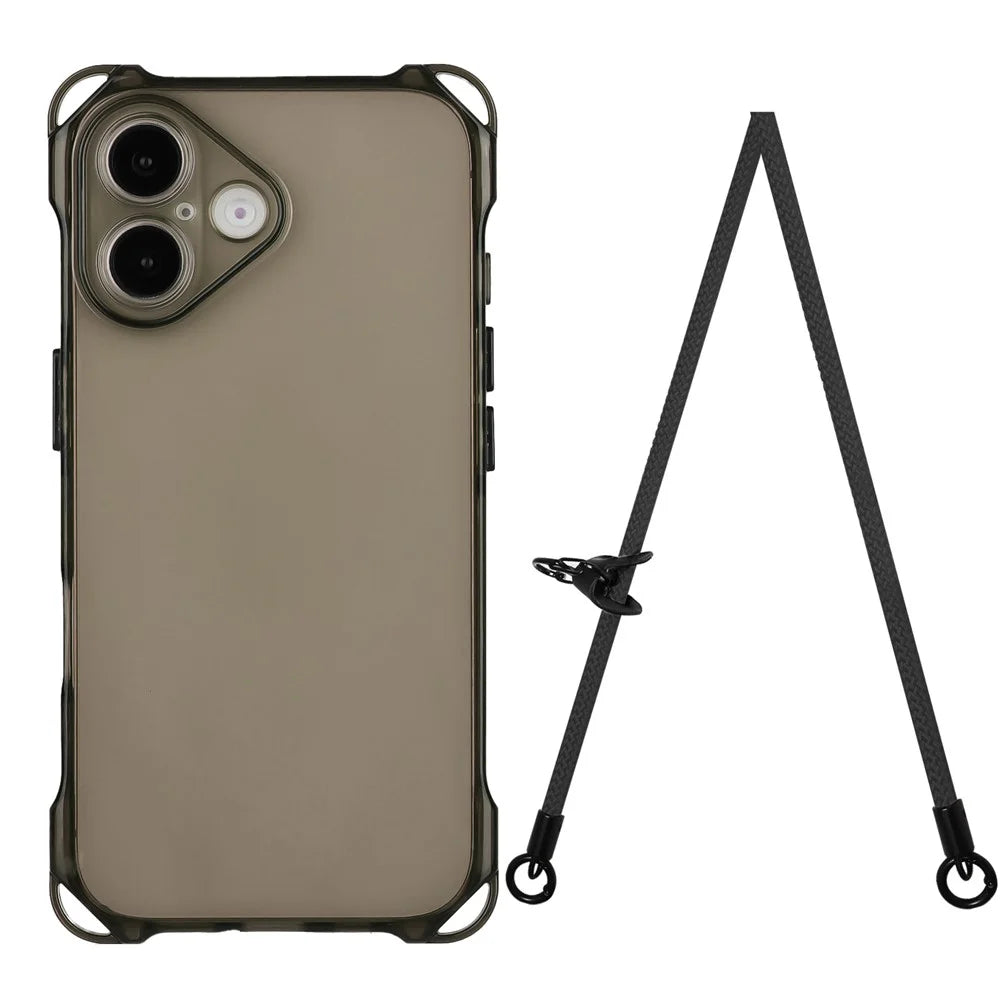 For iPhone 16 TPU Case Four Corner Drop-Proof Back Cover with Long Strap - Black - 1