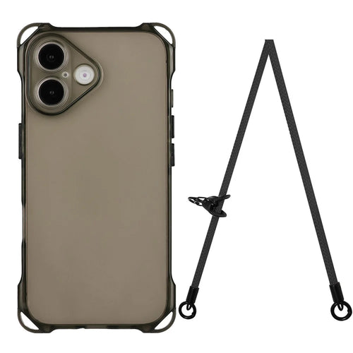 For iPhone 16 TPU Case Four Corner Drop-Proof Back Cover with Long Strap - Black - 1
