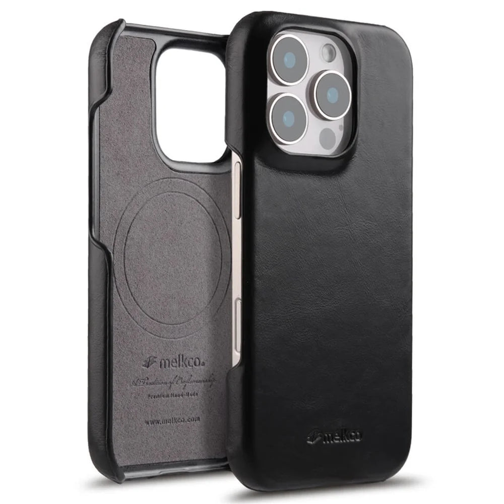 MELKCO For iPhone 16 Pro Case Compatible with MagSafe Waxy Genuine Cow Leather PC Phone Back Cover - Black - 1