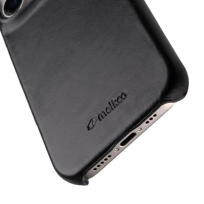 MELKCO For iPhone 16 Pro Case Compatible with MagSafe Waxy Genuine Cow Leather PC Phone Back Cover - Black - 3