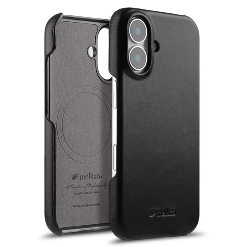MELKCO For iPhone 16 Plus Case Compatible with MagSafe Waxy Genuine Cow Leather PC Phone Back Cover - Black - 1