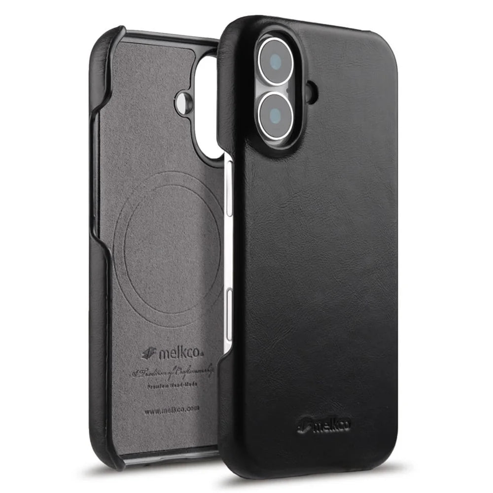 MELKCO For iPhone 16 Plus Case Compatible with MagSafe Waxy Genuine Cow Leather PC Phone Back Cover - Black - 1
