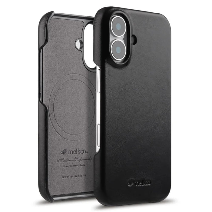 MELKCO For iPhone 16 Plus Case Compatible with MagSafe Waxy Genuine Cow Leather PC Phone Back Cover - Black - 1