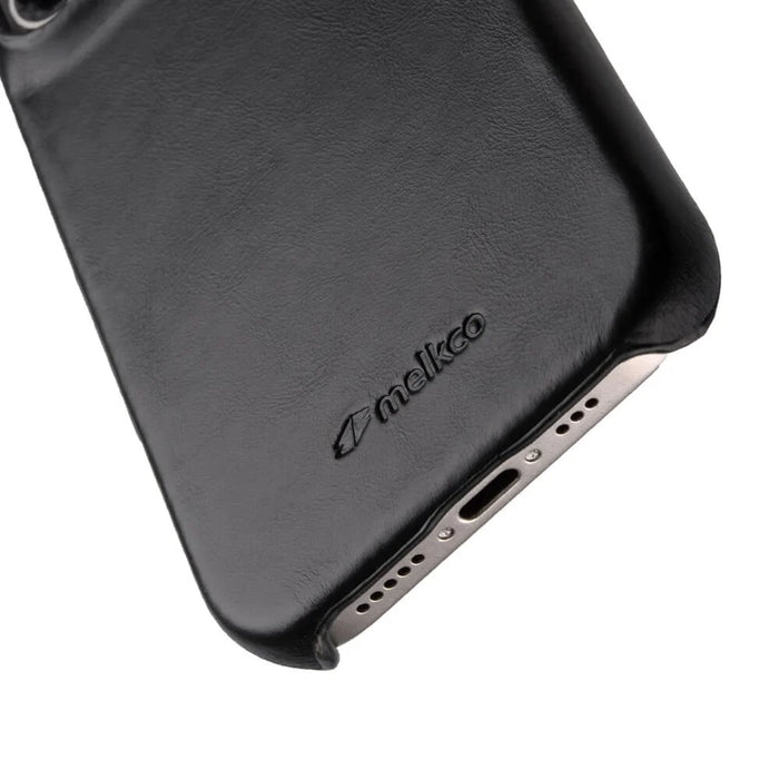 MELKCO For iPhone 16 Plus Case Compatible with MagSafe Waxy Genuine Cow Leather PC Phone Back Cover - Black - 3