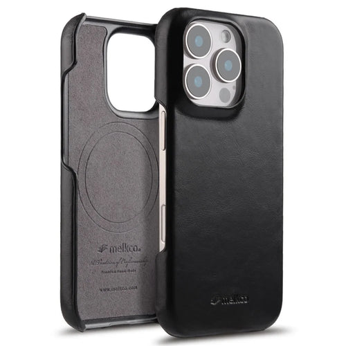 MELKCO For iPhone 16 Pro Max Case Compatible with MagSafe Waxy Genuine Cow Leather PC Phone Back Cover - Black - 1