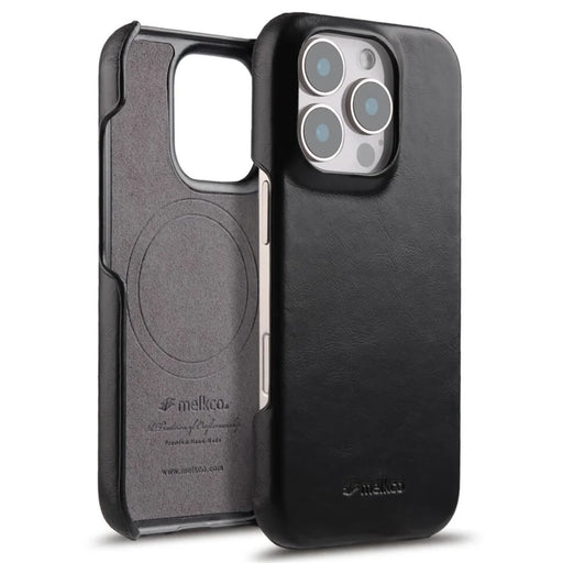 MELKCO For iPhone 16 Pro Max Case Compatible with MagSafe Waxy Genuine Cow Leather PC Phone Back Cover - Black - 1