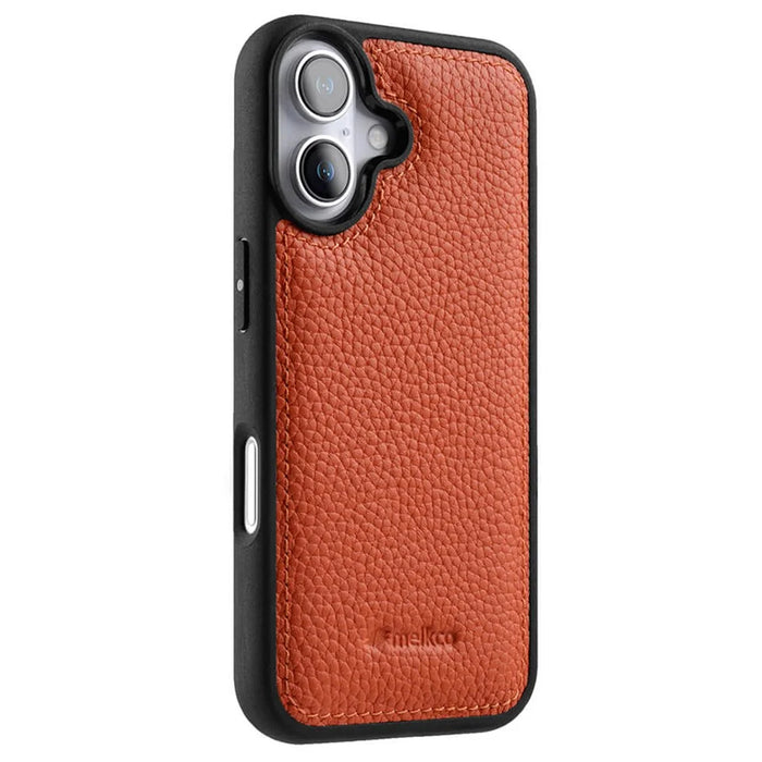 MELKCO For iPhone 16 Case Genuine Cow Leather Coated PC Phone Cover - Orange - 1