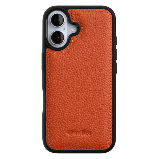 MELKCO For iPhone 16 Case Genuine Cow Leather Coated PC Phone Cover - Orange - 2