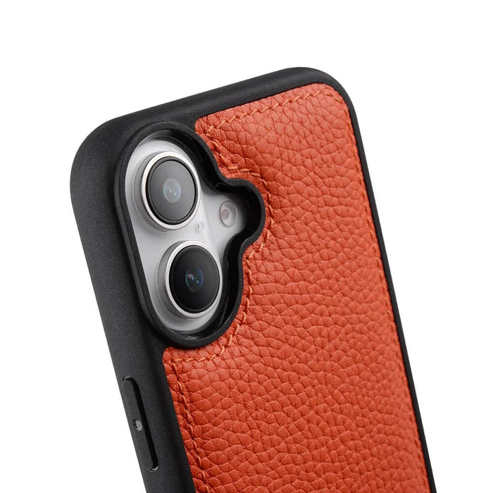 MELKCO For iPhone 16 Case Genuine Cow Leather Coated PC Phone Cover - Orange - 4