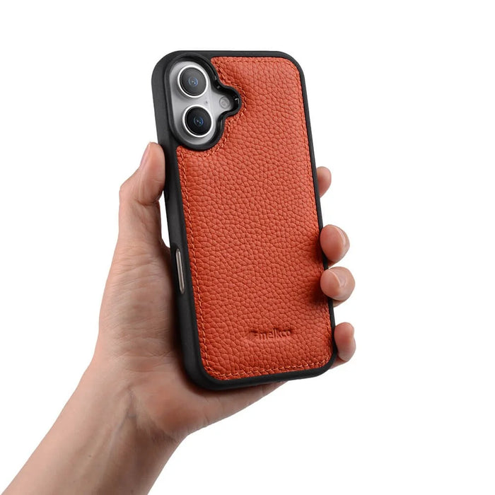 MELKCO For iPhone 16 Case Genuine Cow Leather Coated PC Phone Cover - Orange - 6