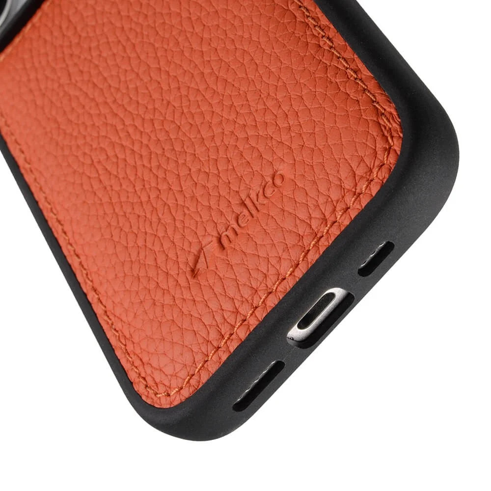MELKCO For iPhone 16 Pro Case Genuine Cow Leather Coated PC Phone Cover - Orange - 5