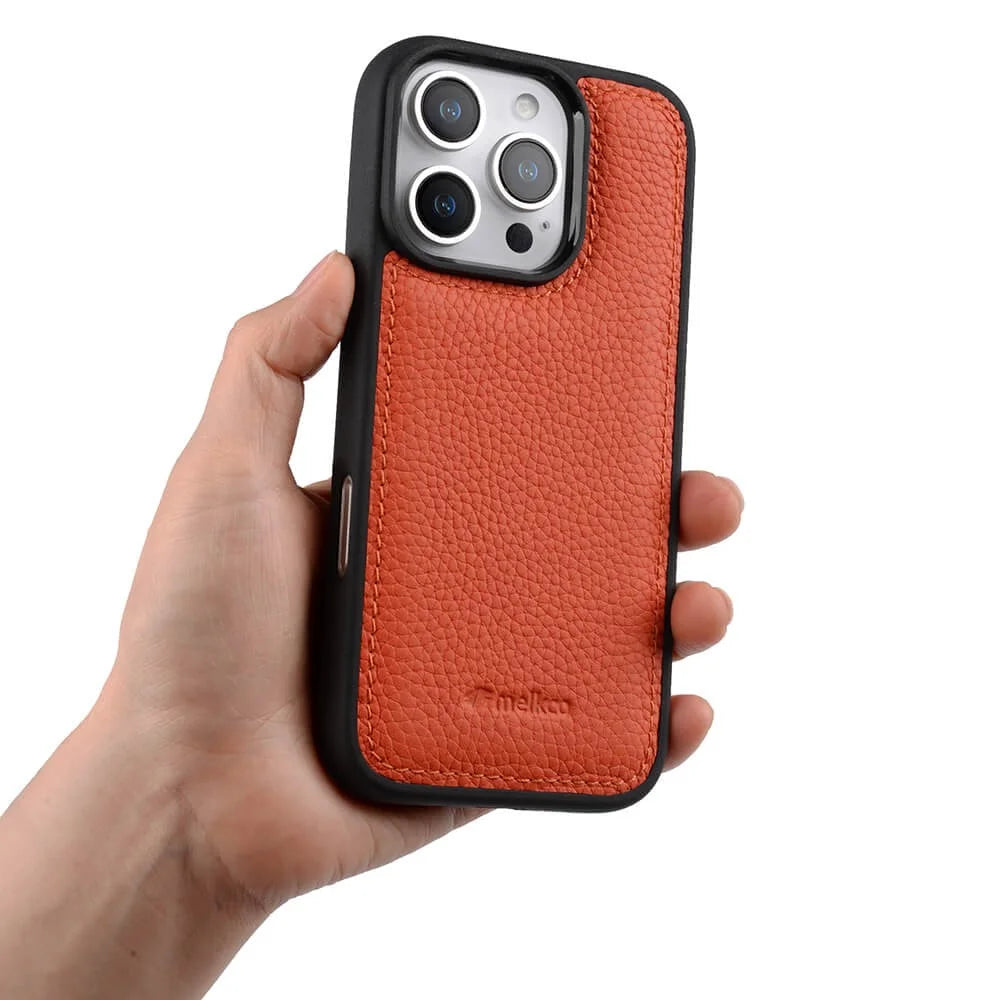 MELKCO For iPhone 16 Pro Case Genuine Cow Leather Coated PC Phone Cover - Orange - 6