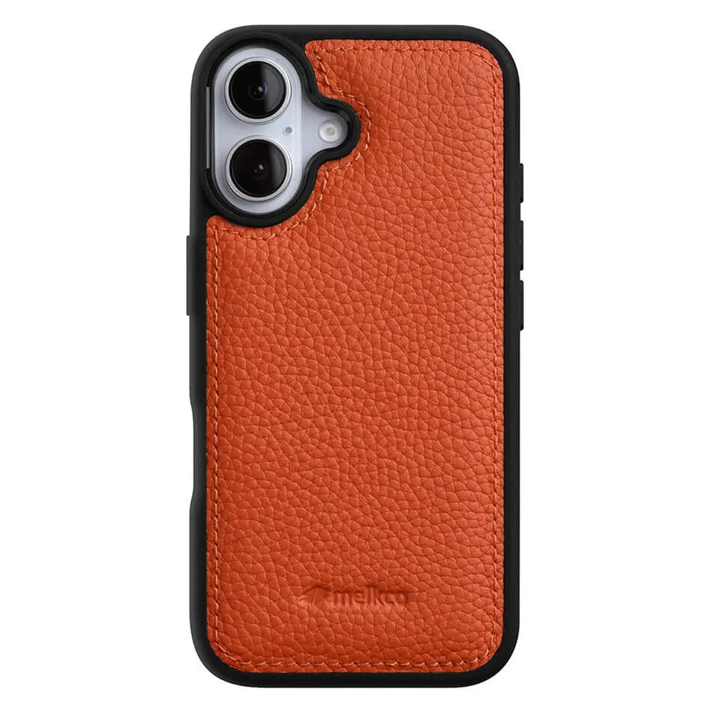 MELKCO For iPhone 16 Plus Case Genuine Cow Leather Coated PC Phone Cover - Orange - 2
