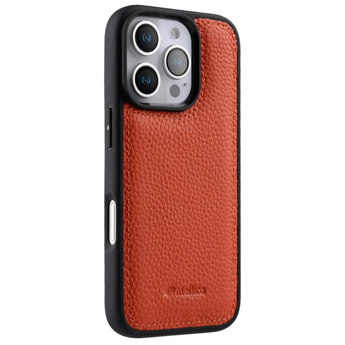 MELKCO For iPhone 16 Pro Max Case Genuine Cow Leather Coated PC Phone Cover - Orange - 1