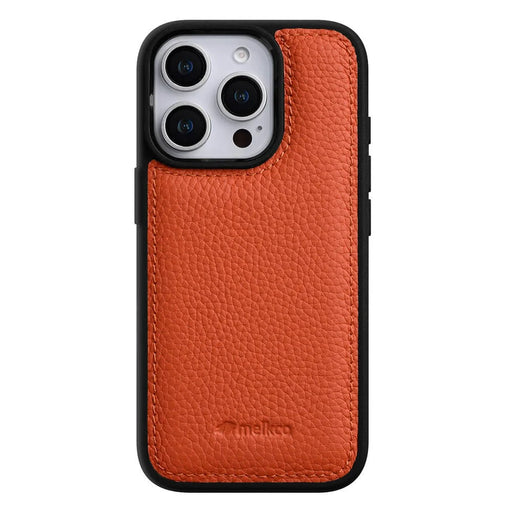 MELKCO For iPhone 16 Pro Max Case Genuine Cow Leather Coated PC Phone Cover - Orange - 2