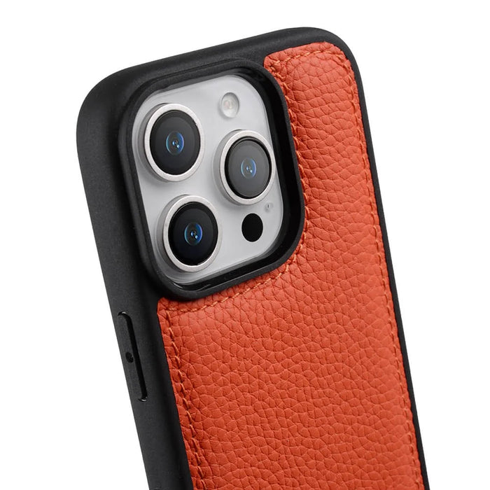 MELKCO For iPhone 16 Pro Max Case Genuine Cow Leather Coated PC Phone Cover - Orange - 4