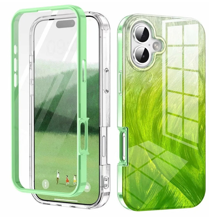 For iPhone 16 Plus Case Gradient Feather Pattern PC+TPU Phone Cover Built-In PET Screen Film - Green - 1