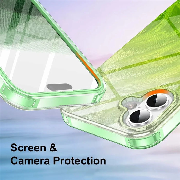 For iPhone 16 Plus Case Gradient Feather Pattern PC+TPU Phone Cover Built-In PET Screen Film - Green - 5