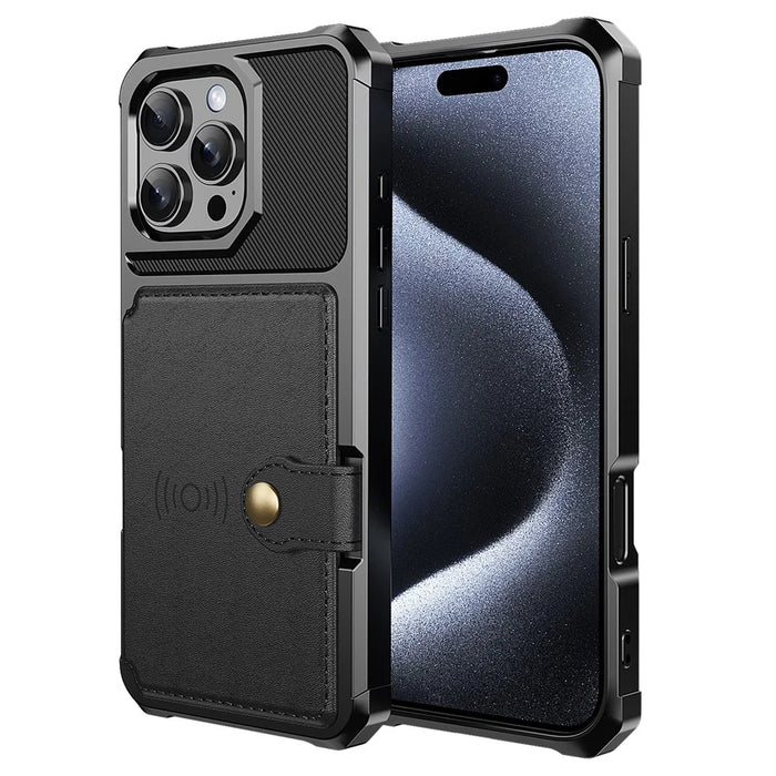 For iPhone 16 Pro Phone Cases with Card Holder Shockproof PU Leather Back Cover - Black - 2