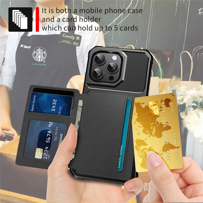 For iPhone 16 Pro Phone Cases with Card Holder Shockproof PU Leather Back Cover - Black - 5