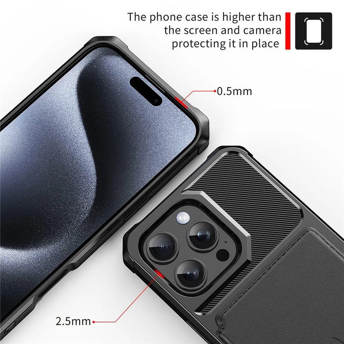For iPhone 16 Pro Phone Cases with Card Holder Shockproof PU Leather Back Cover - Black - 6