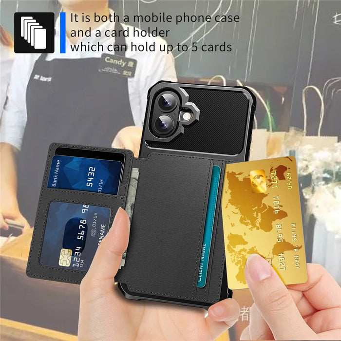 ZM03 For iPhone 16 Case with Card Holder PU Leather+TPU Phone Back Cover - Black - 5