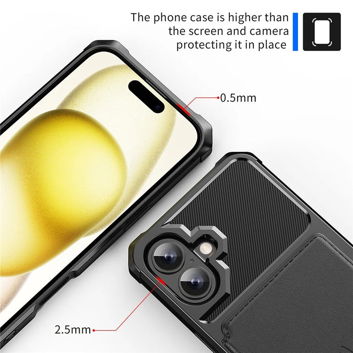 ZM03 For iPhone 16 Plus Case with Card Holder PU Leather+TPU Phone Back Cover - Black - 6
