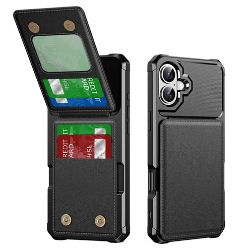 ZM11 For iPhone 16 Plus Case Card Slot Kickstand PU+TPU Phone Cover - Black - 1