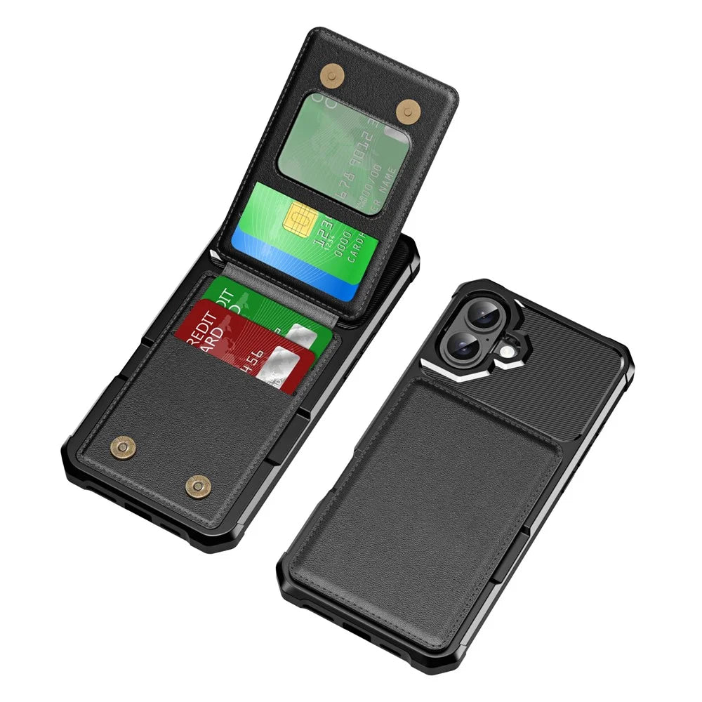 ZM11 For iPhone 16 Plus Case Card Slot Kickstand PU+TPU Phone Cover - Black - 2