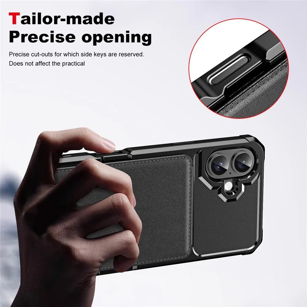 ZM11 For iPhone 16 Plus Case Card Slot Kickstand PU+TPU Phone Cover - Black - 4
