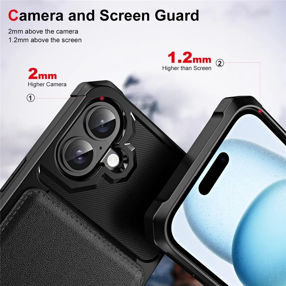 ZM11 For iPhone 16 Plus Case Card Slot Kickstand PU+TPU Phone Cover - Black - 5
