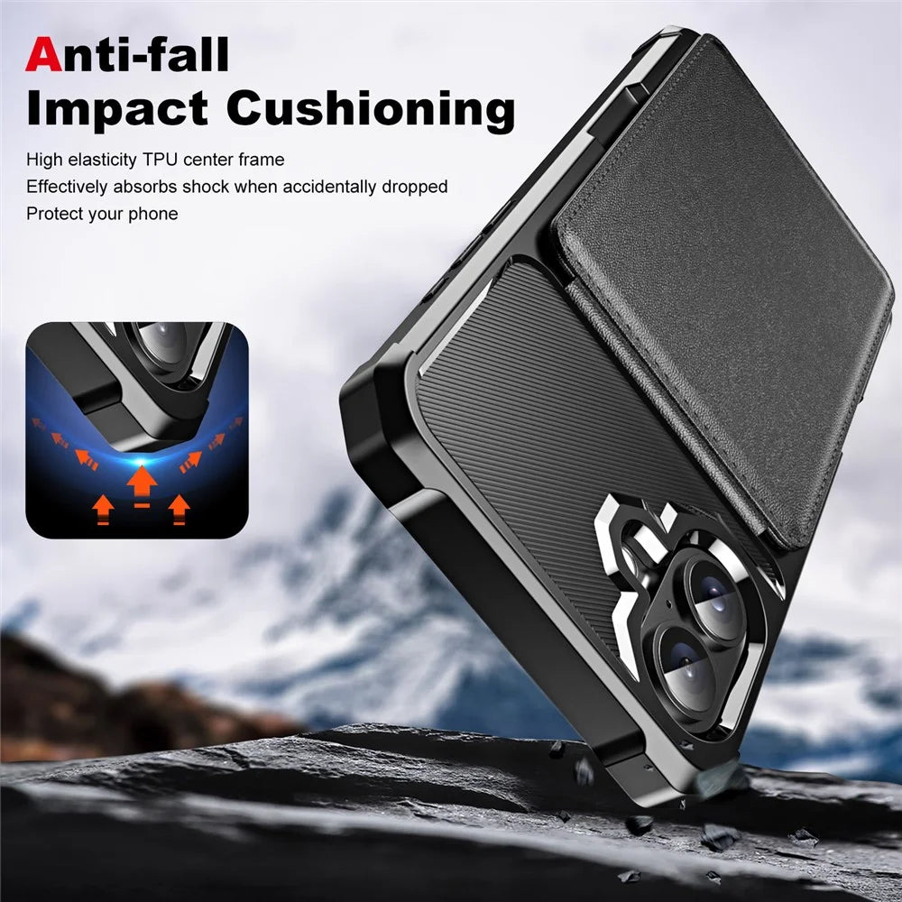 ZM11 For iPhone 16 Plus Case Card Slot Kickstand PU+TPU Phone Cover - Black - 6