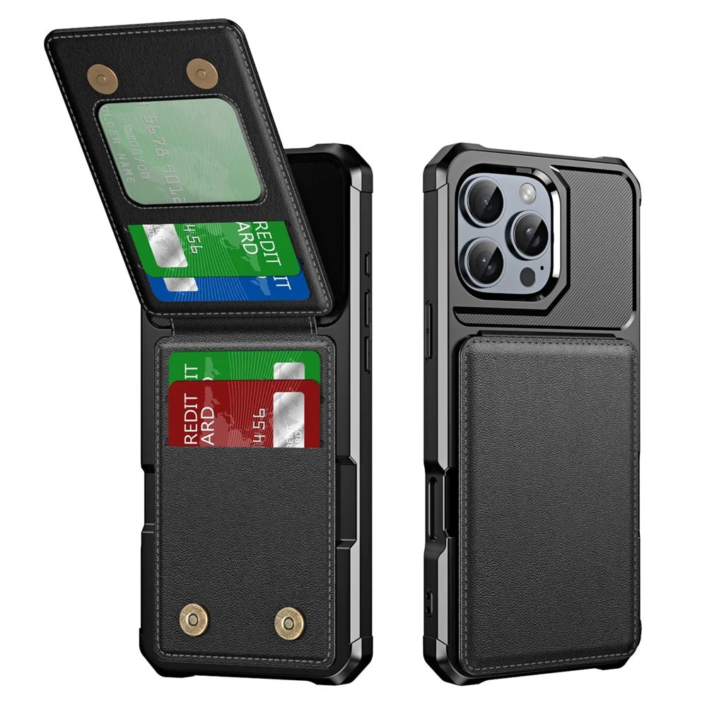 ZM11 For iPhone 16 Pro Max Case Card Slot Kickstand PU+TPU Phone Cover - Black - 1