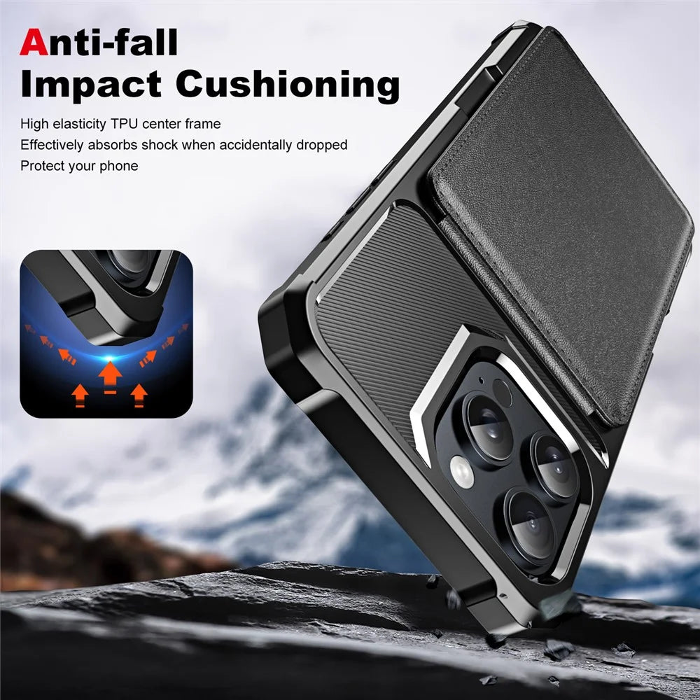 ZM11 For iPhone 16 Pro Max Case Card Slot Kickstand PU+TPU Phone Cover - Black - 6