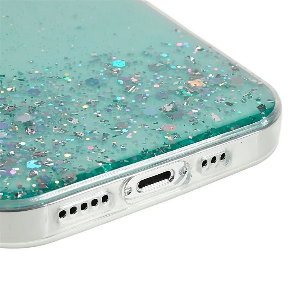 For iPhone 16 Pro Max Case Starry Sky Sparkle Epoxy Anti-Drop TPU Phone Cover - Green - 4