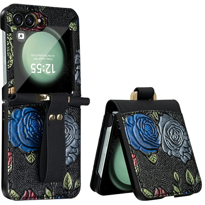 For Samsung Galaxy Z Flip7 FE 5G / Z Flip6 5G Kickstand Case Flower Pattern Leather+PC Phone Cover with Back Film - Black - 1