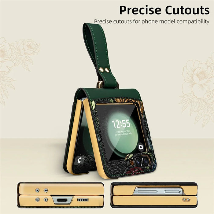 For Samsung Galaxy Z Flip7 FE 5G / Z Flip6 5G Kickstand Case Flower Pattern Leather+PC Phone Cover with Back Film - Black - 5