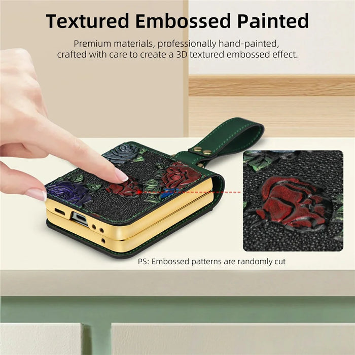 For Samsung Galaxy Z Flip7 FE 5G / Z Flip6 5G Kickstand Case Flower Pattern Leather+PC Phone Cover with Back Film - Black - 6