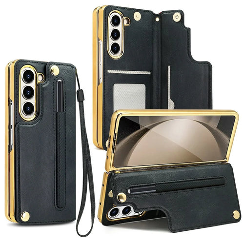 For Samsung Galaxy Z Fold6 5G Case RFID Blocking Card Slot PU+PC Kickstand Phone Cover with Stylus Holder - Black - 1