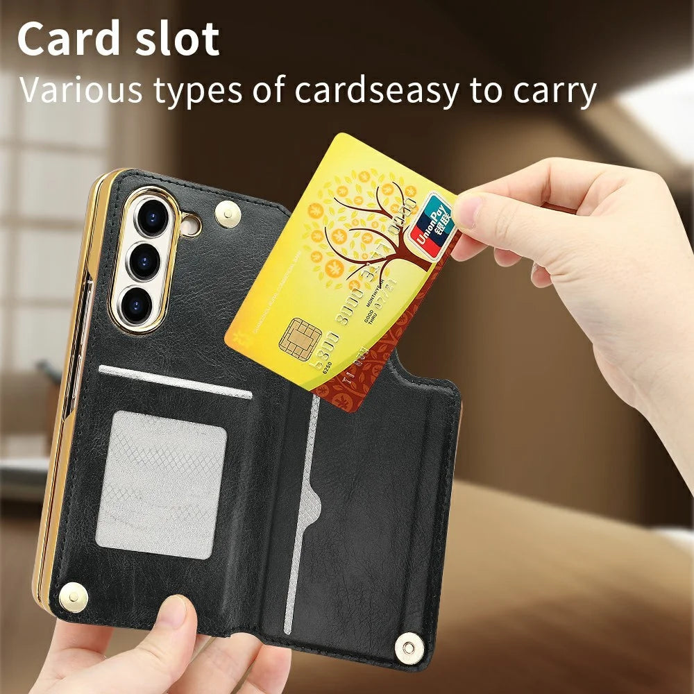 For Samsung Galaxy Z Fold6 5G Case RFID Blocking Card Slot PU+PC Kickstand Phone Cover with Stylus Holder - Black - 5